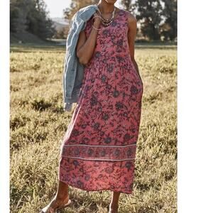 J. Jill Women's MP Petite Large Dreamscape Border-Print V-Neck Boho Maxi Dress